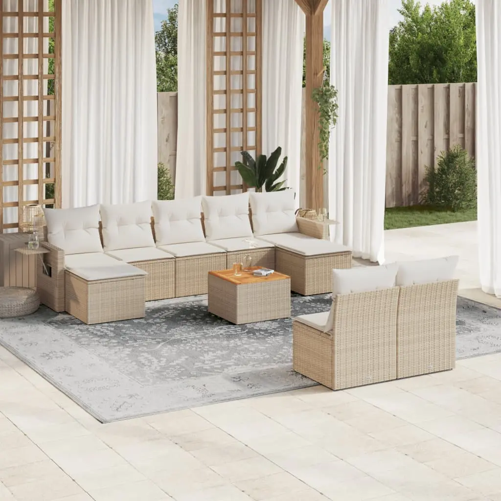 Set Divano da Giardino 10 pz con Cuscini Beige in Polyrattan