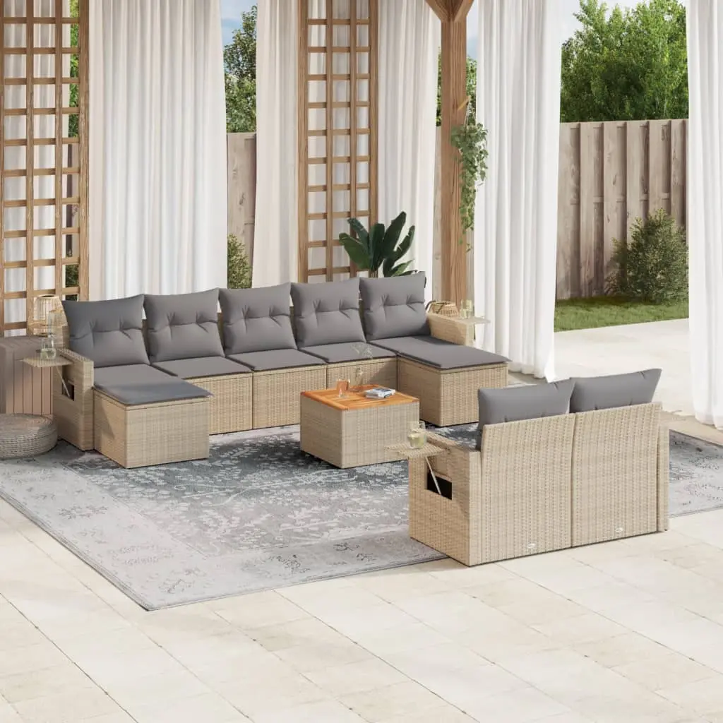 Set Divano da Giardino 10 pz con Cuscini Beige in Polyrattan