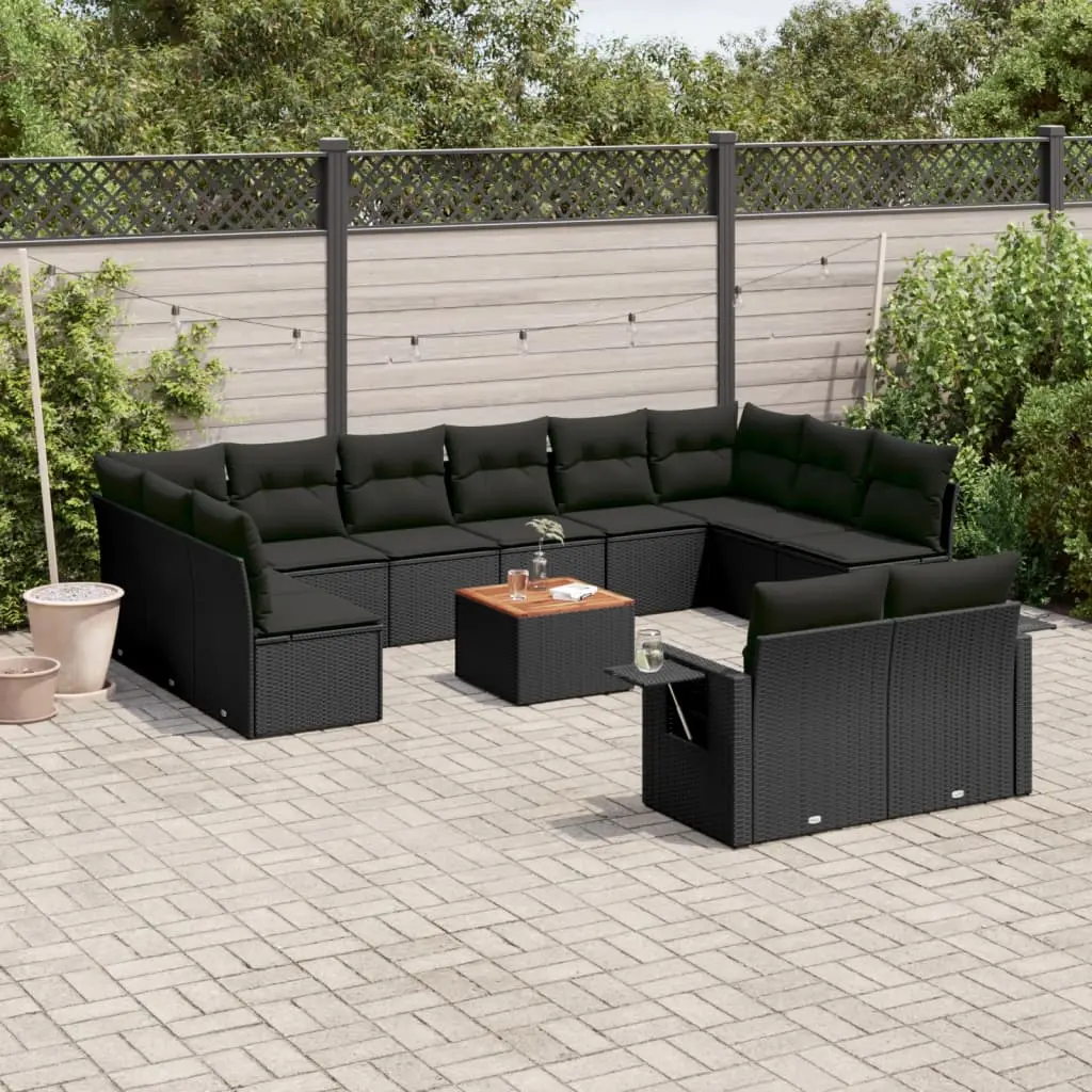 Set Divani da Giardino 13pz con Cuscini Nero in Polyrattan