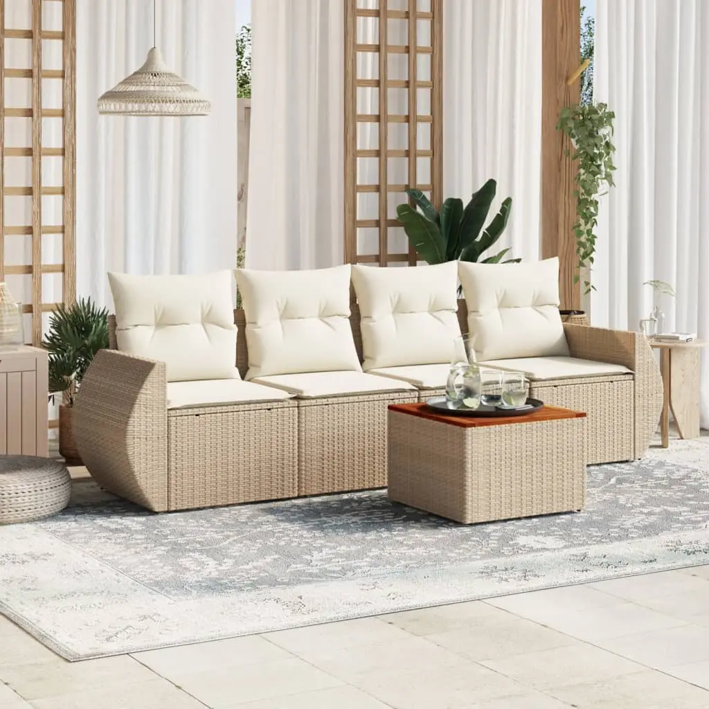 Set Divano da Giardino 5 pz con Cuscini Beige in Polyrattan