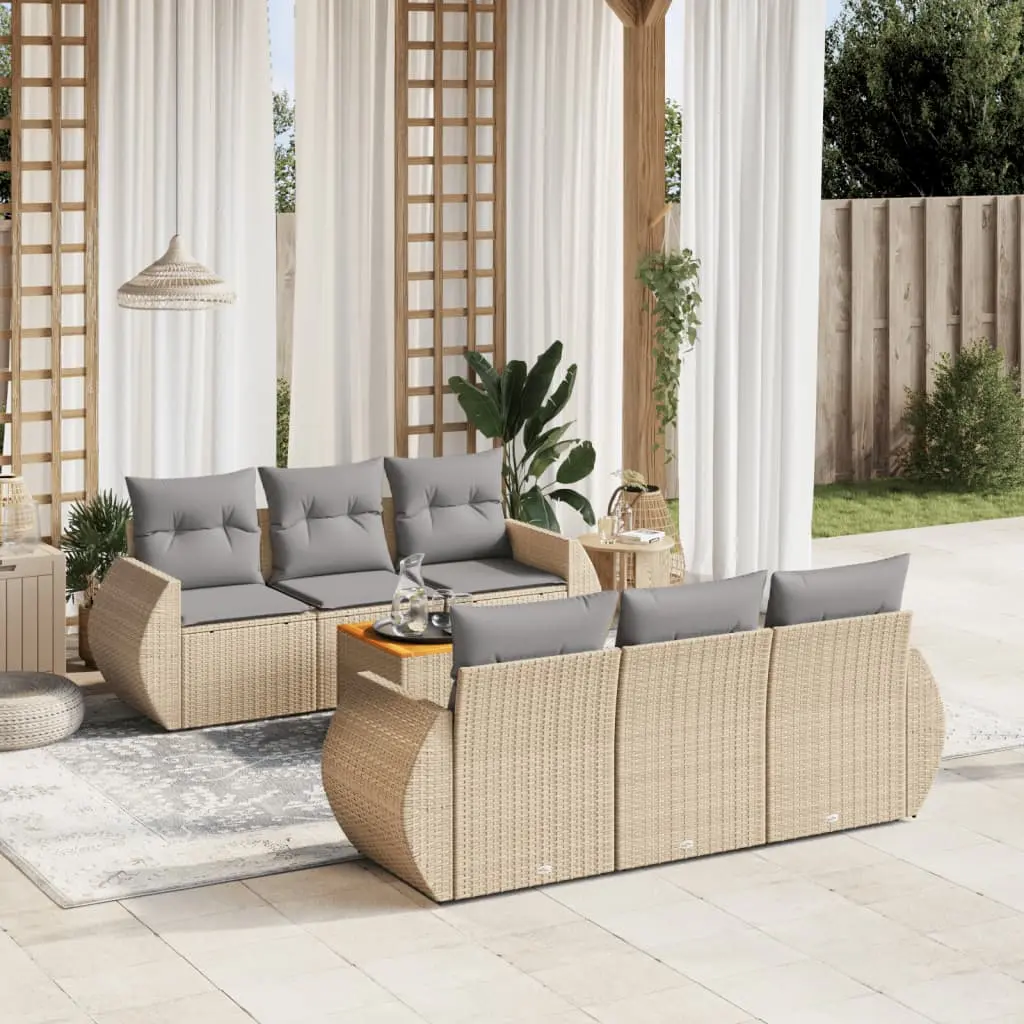 Set Divani da Giardino 7 pz con Cuscini Beige in Polyrattan