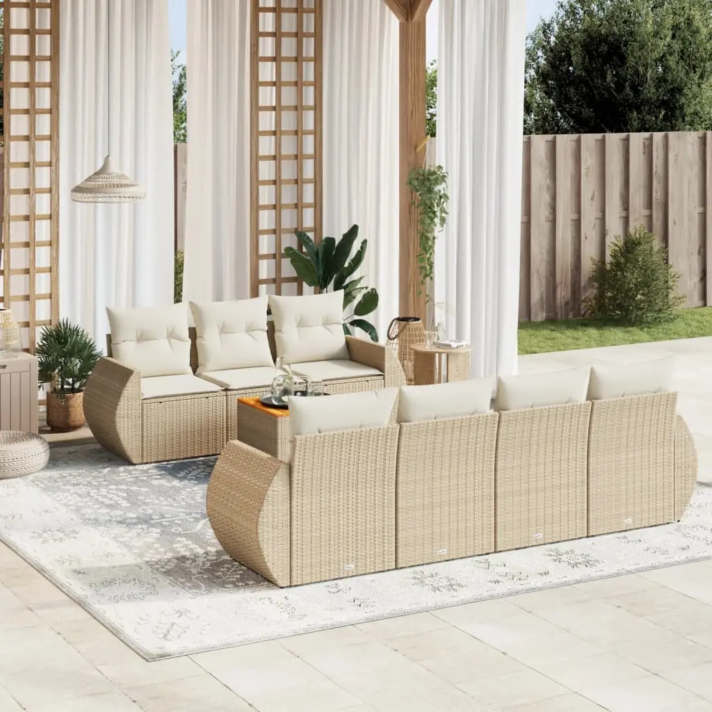 Set Divano da Giardino 8 pz con Cuscini Beige in Polyrattan