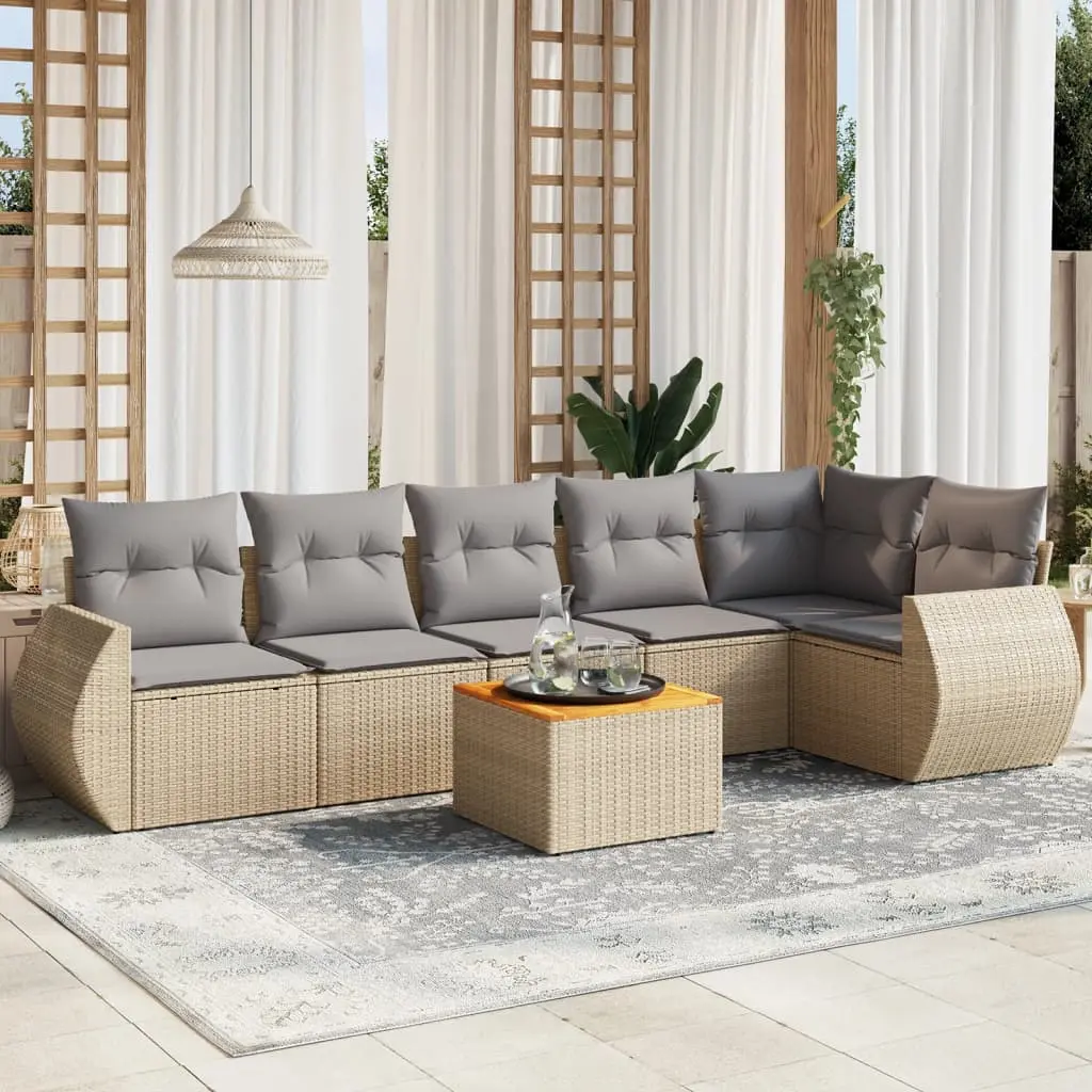 Set Divani da Giardino 7 pz con Cuscini Beige in Polyrattan