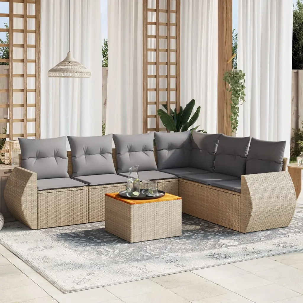 Set Divani da Giardino 7 pz con Cuscini Beige in Polyrattan