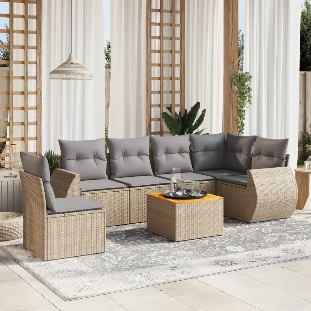 Set Divani da Giardino 7 pz con Cuscini Beige in Polyrattan