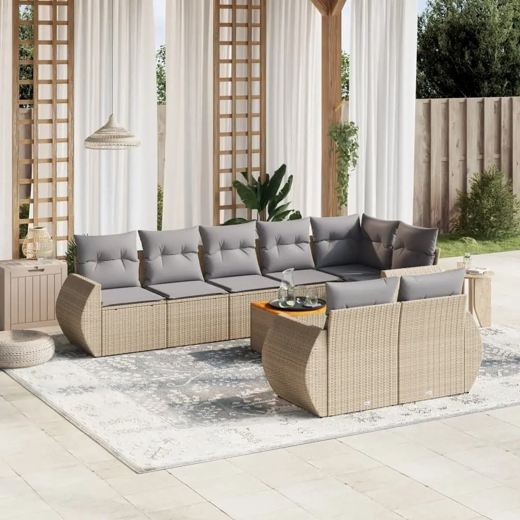 Set Divano da Giardino 9 pz con Cuscini Beige in Polyrattan