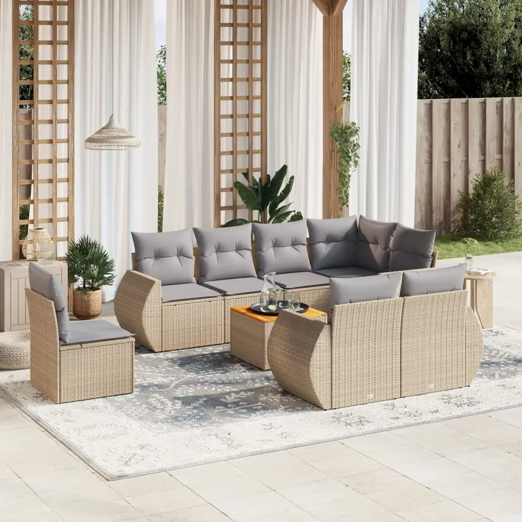 Set Divano da Giardino 9 pz con Cuscini Beige in Polyrattan