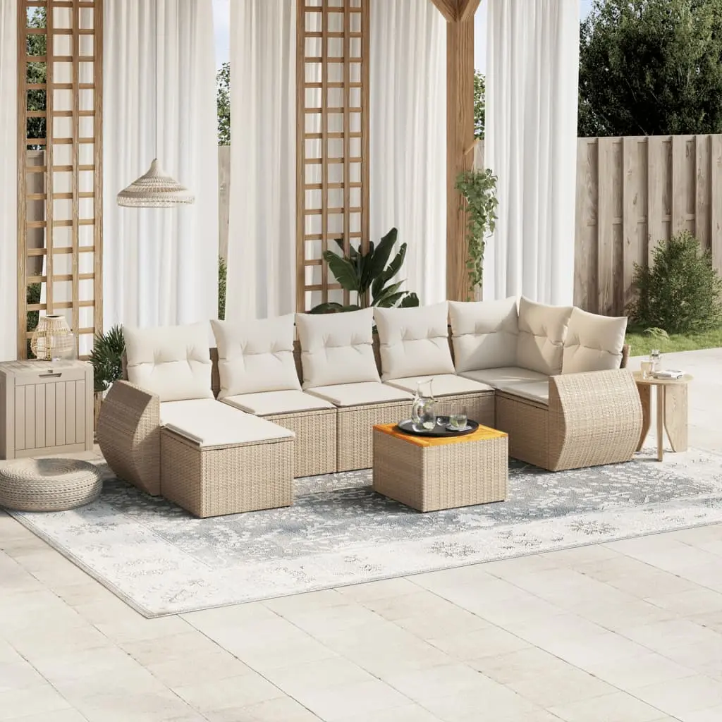 Set Divano da Giardino 8 pz con Cuscini Beige in Polyrattan