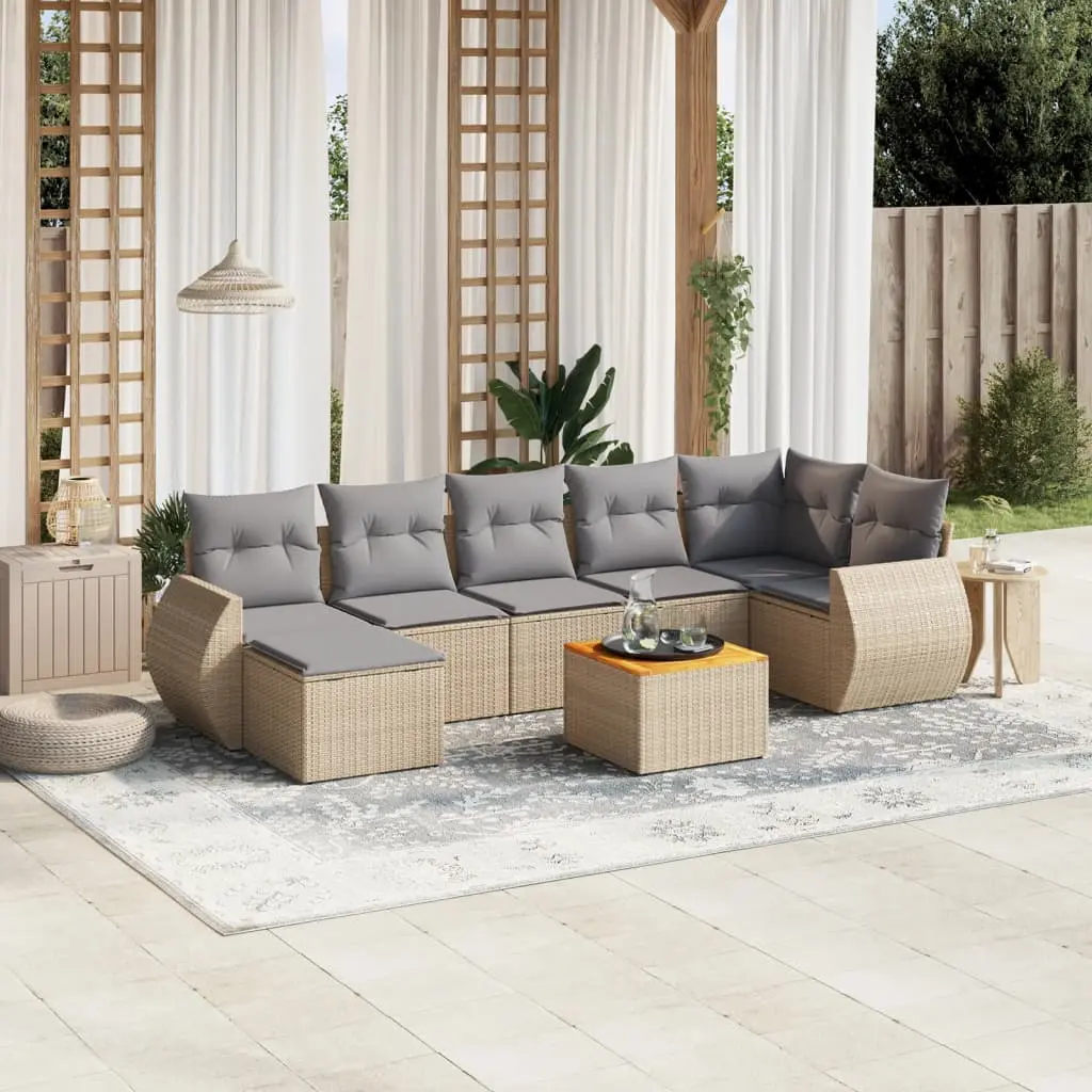 Set Divano da Giardino 8 pz con Cuscini Beige in Polyrattan