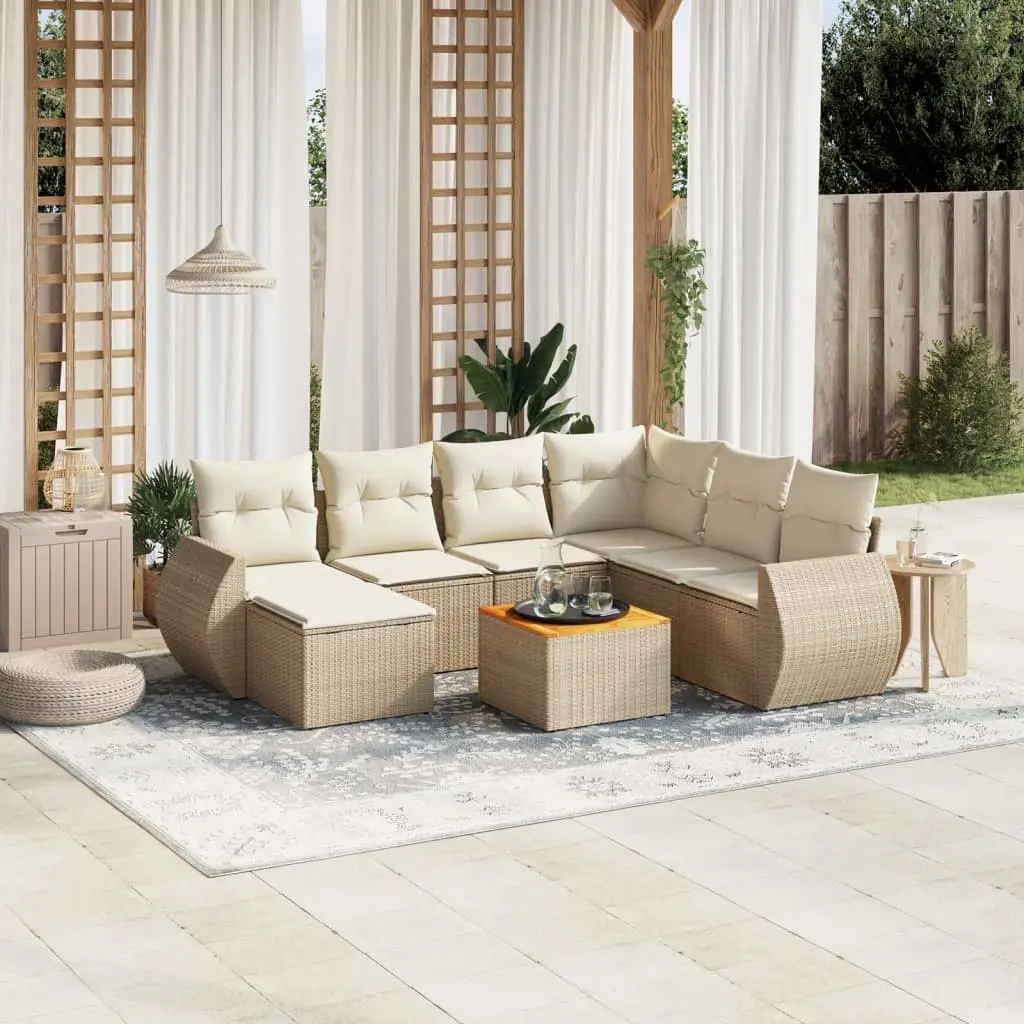 Set Divano da Giardino 8 pz con Cuscini Beige in Polyrattan