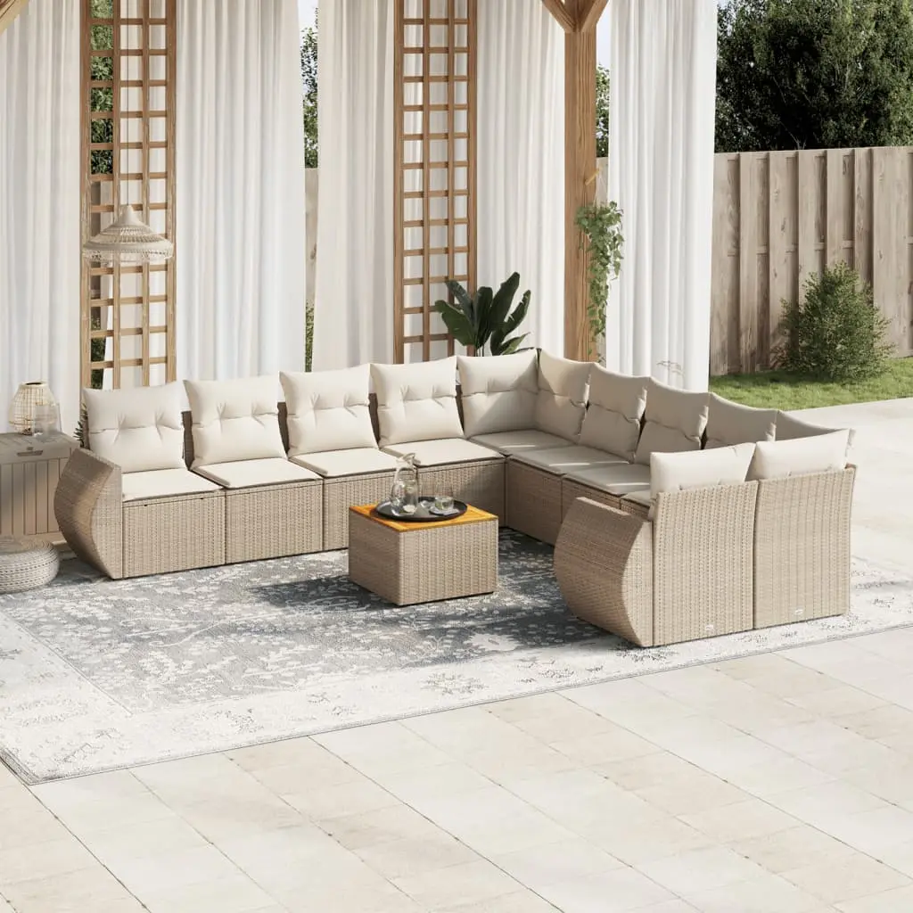 Set Divani da Giardino 11 pz con Cuscini Beige in Polyrattan