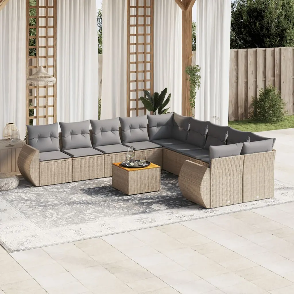 Set Divani da Giardino 11 pz con Cuscini Beige in Polyrattan