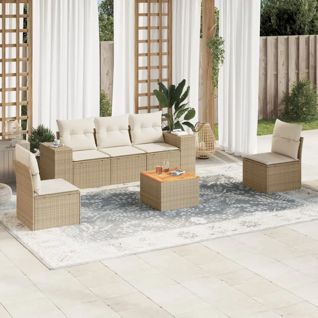 Set Divano da Giardino 6 pz con Cuscini Beige in Polyrattan