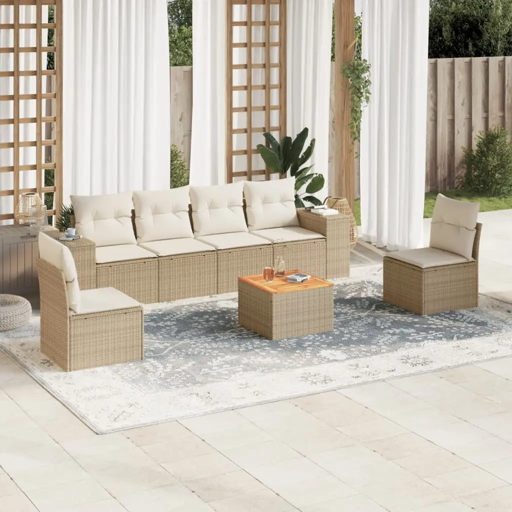 Set Divani da Giardino 7 pz con Cuscini Beige in Polyrattan