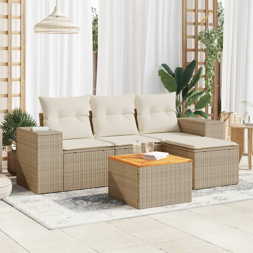 Set Divano da Giardino 5 pz con Cuscini Beige in Polyrattan