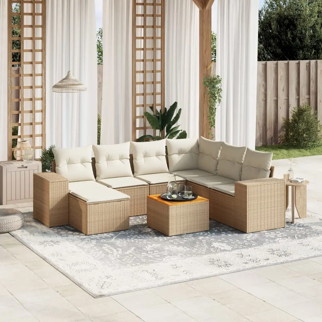 Set Divano da Giardino 8 pz con Cuscini Beige in Polyrattan