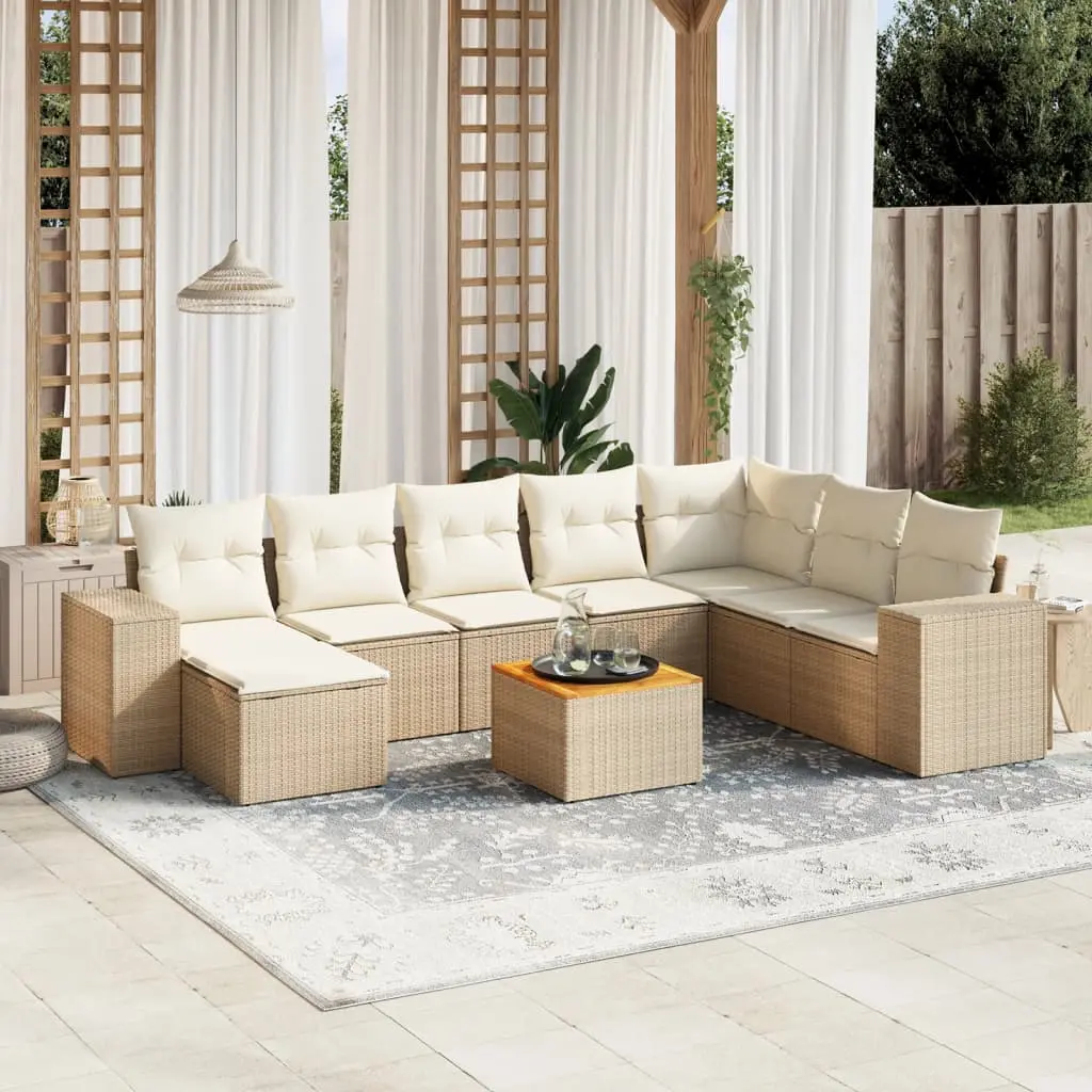 Set Divano da Giardino 9 pz con Cuscini Beige in Polyrattan