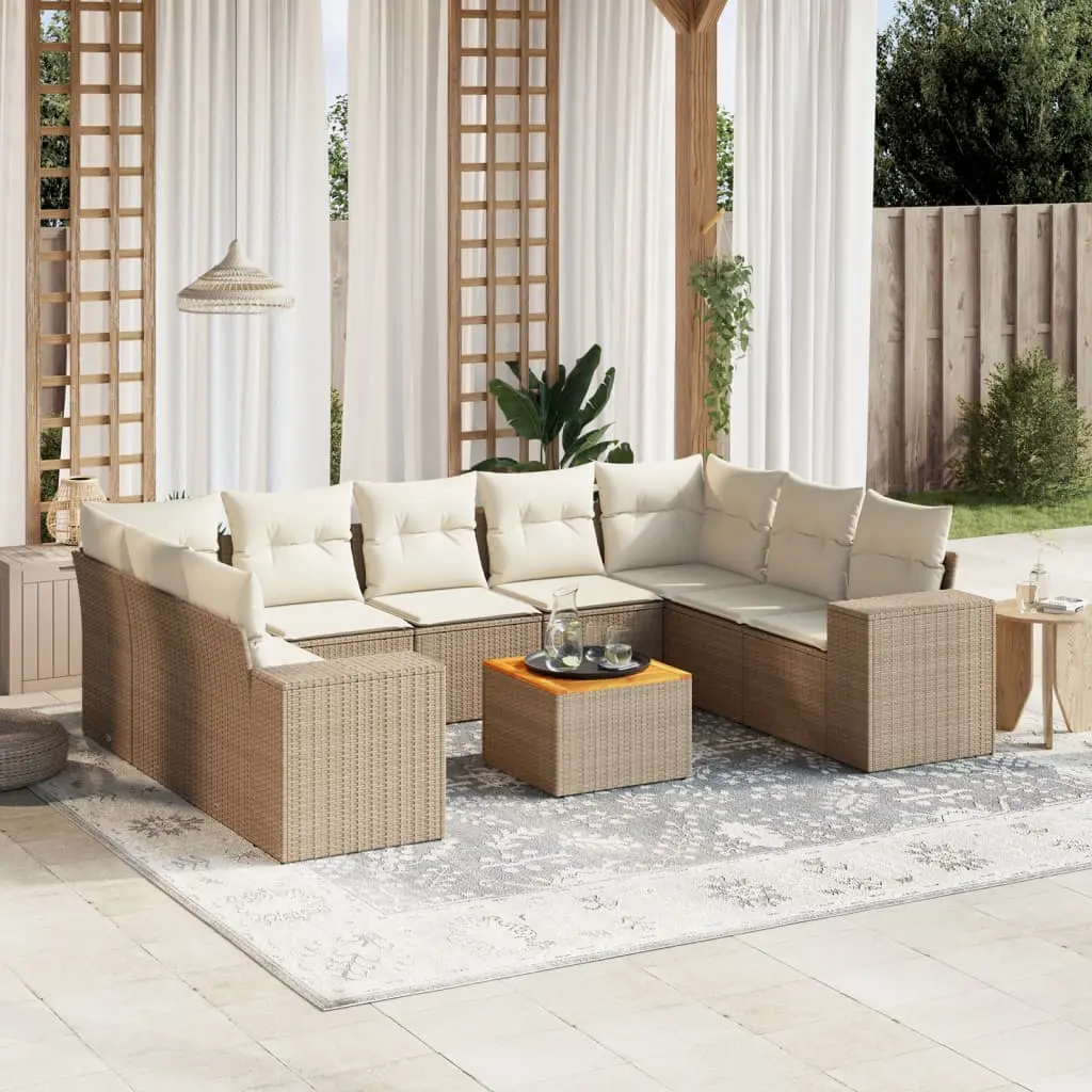 Set Divano da Giardino 10 pz con Cuscini Beige in Polyrattan