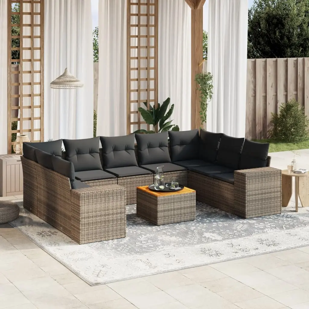 Set Divano da Giardino 10 pz con Cuscini Grigio in Polyrattan