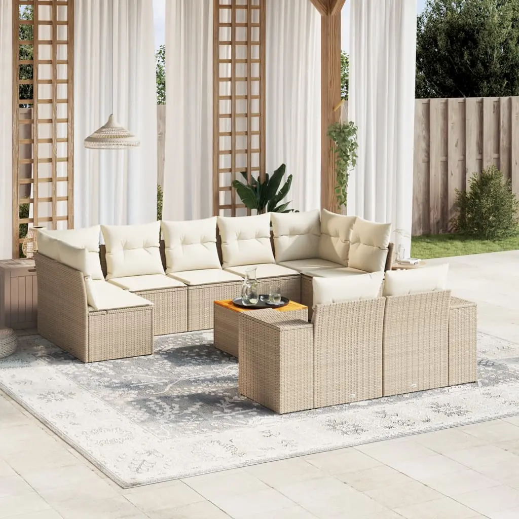 Set Divano da Giardino 10 pz con Cuscini Beige in Polyrattan