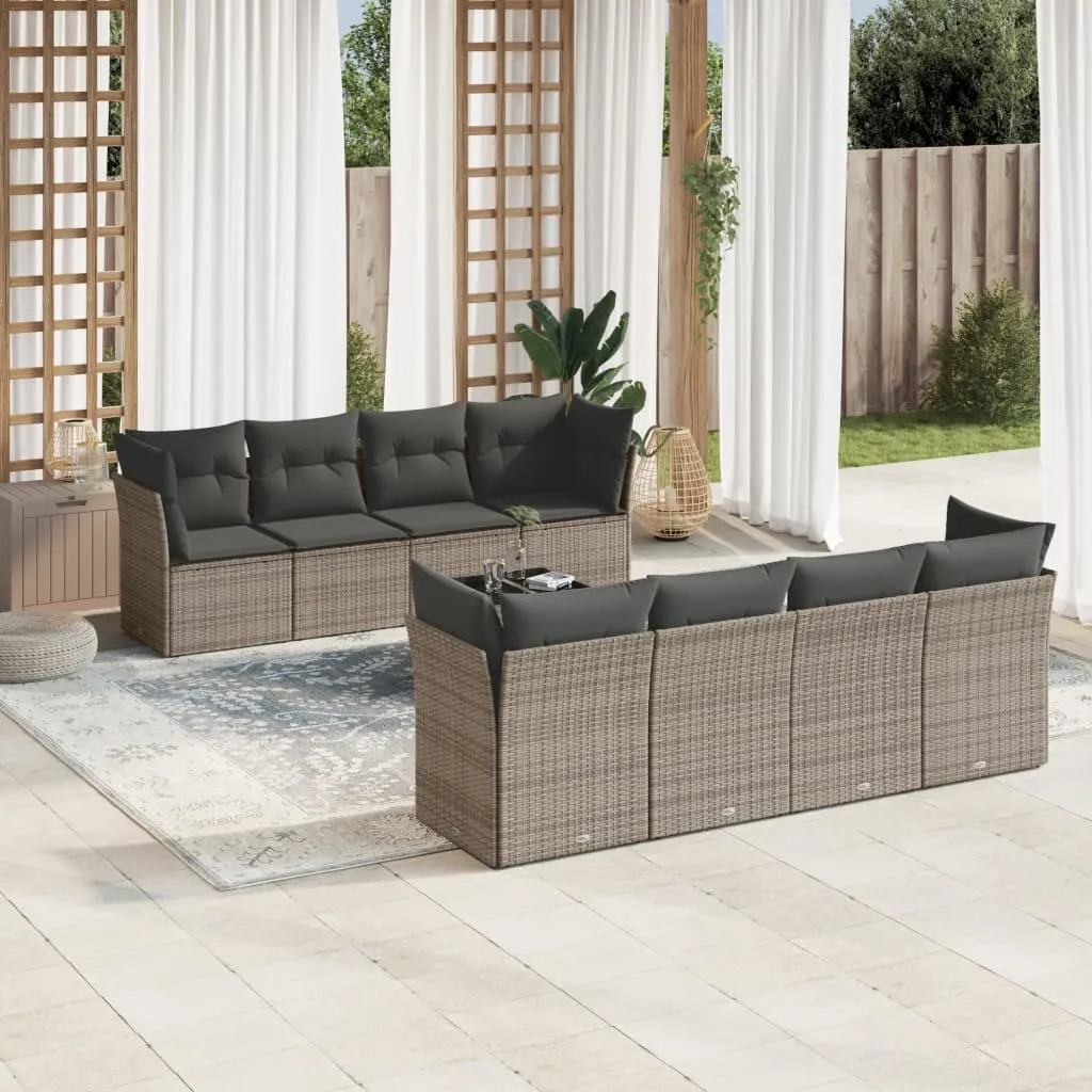 vidaXL Set Divano da Giardino 9 pz con Cuscini Grigio in Polyrattan