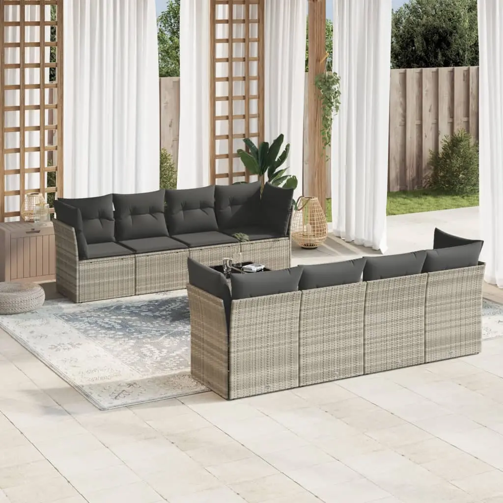 Set Divano da Giardino 9pz con Cuscini Grigio Chiaro Polyrattan