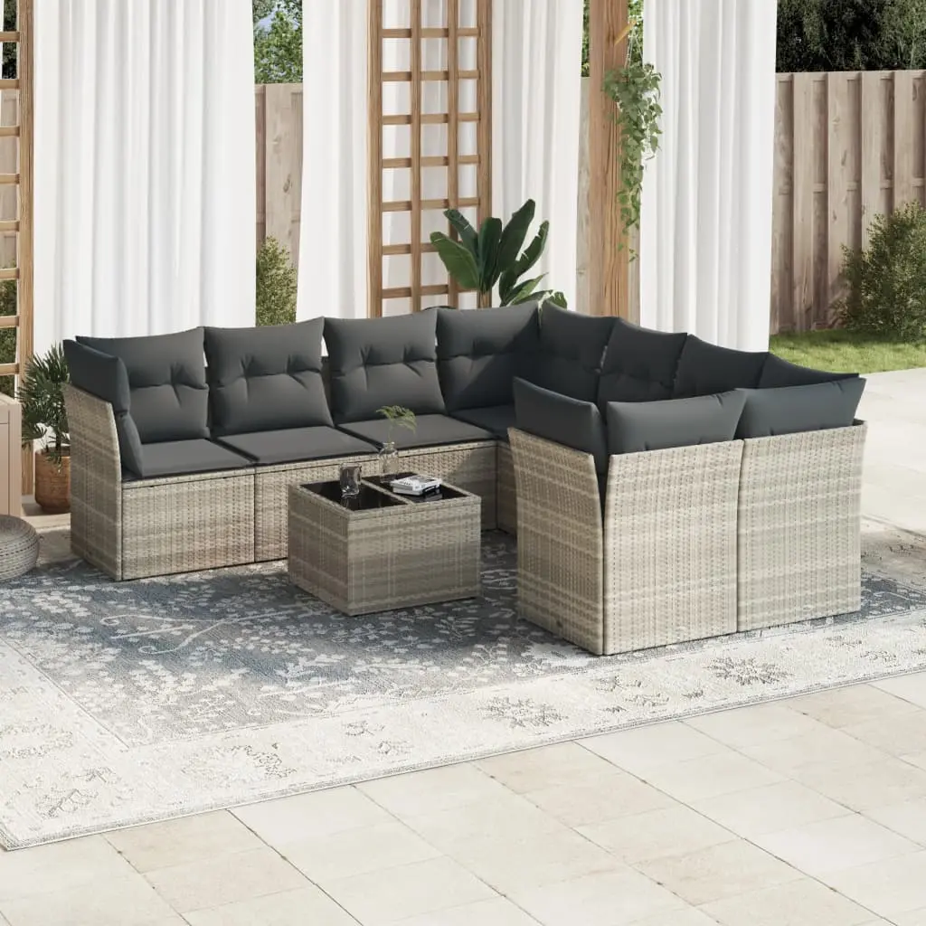 Set Divano da Giardino 9pz con Cuscini Grigio Chiaro Polyrattan