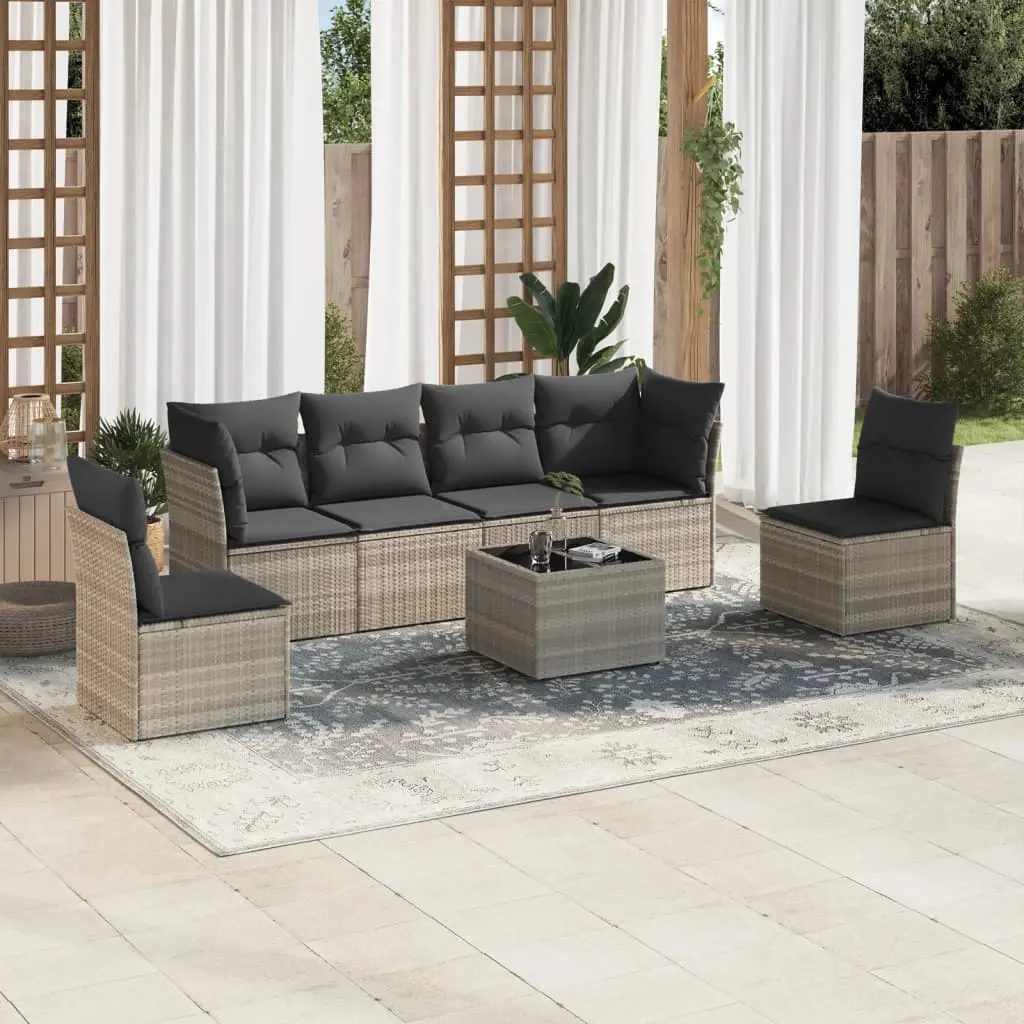 Set Divani da Giardino 7pz con Cuscini Grigio Chiaro Polyrattan