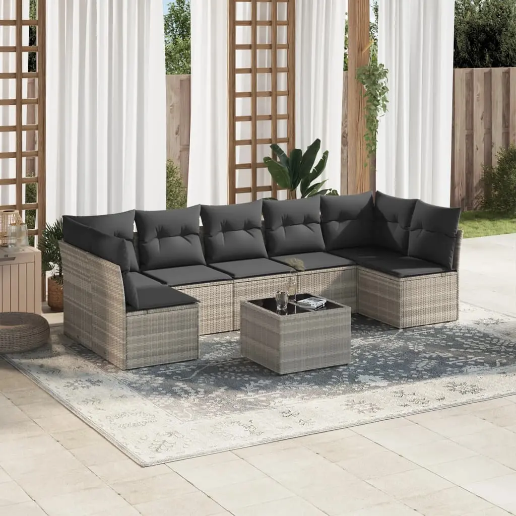 Set Divano da Giardino 8pz con Cuscini Grigio Chiaro Polyrattan