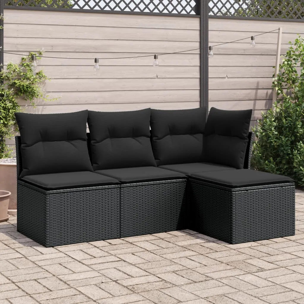 vidaXL Set Divani da Giardino 4 pz con Cuscini Nero in Polyrattan