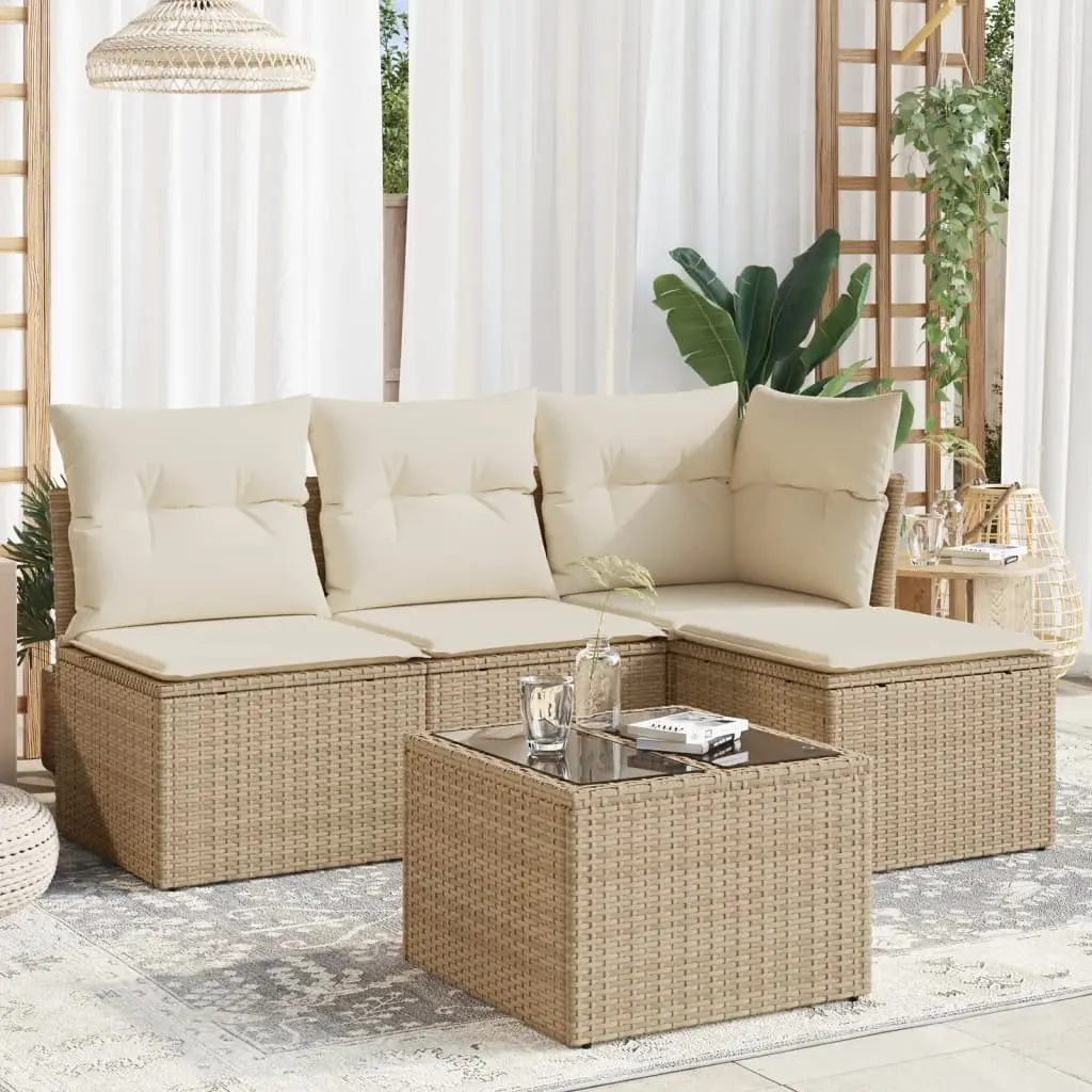 Set Divano da Giardino 5 pz con Cuscini Beige in Polyrattan