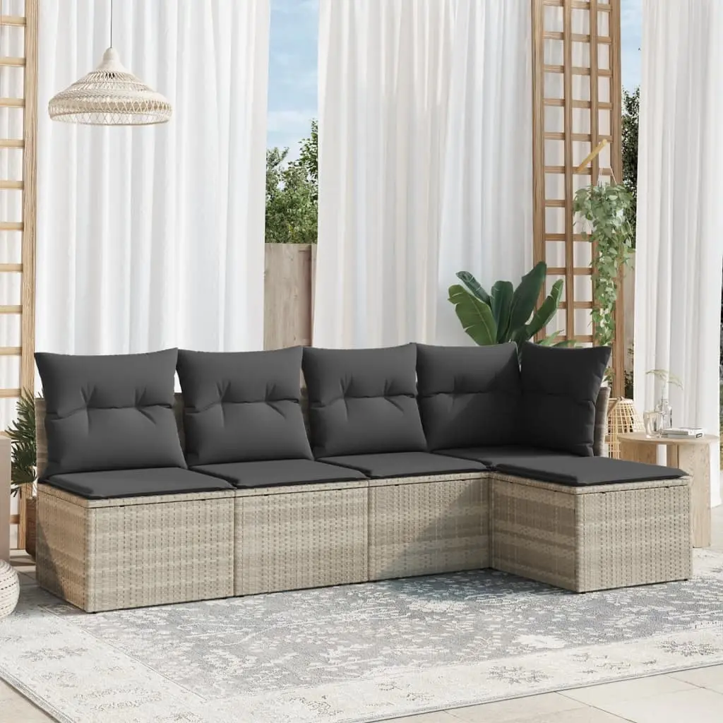 Set Divano da Giardino 5pz con Cuscini Grigio Chiaro Polyrattan