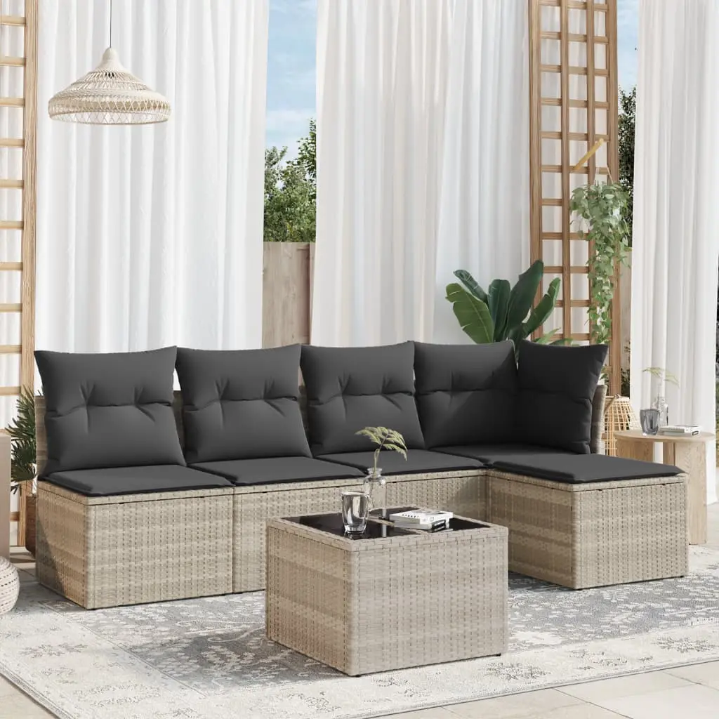 Set Divano da Giardino 6pz con Cuscini Grigio Chiaro Polyrattan