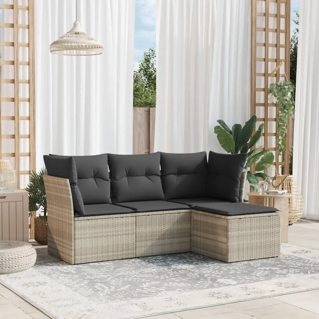 Set Divano da Giardino 4pz con Cuscini Grigio Chiaro Polyrattan