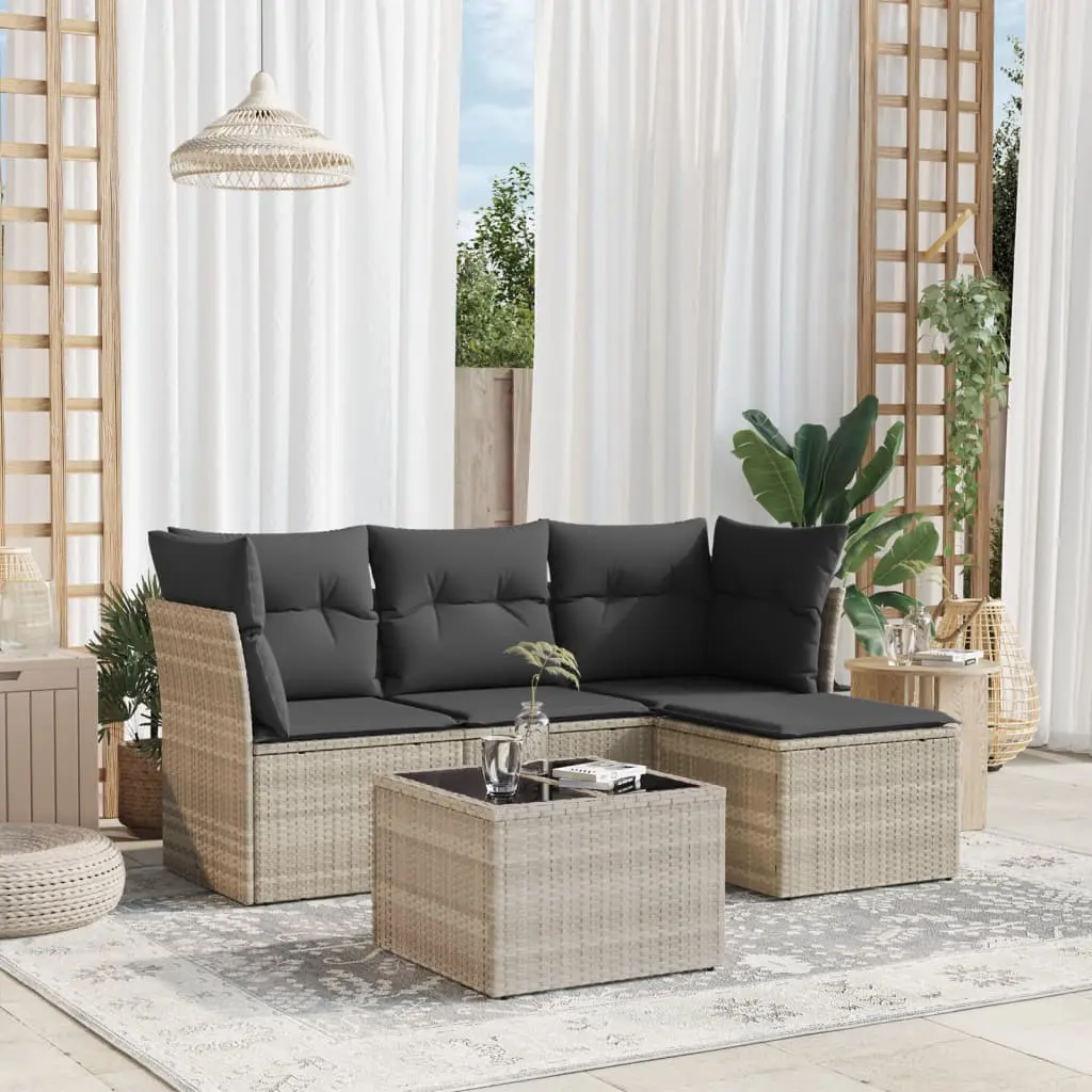 Set Divano da Giardino 5pz con Cuscini Grigio Chiaro Polyrattan