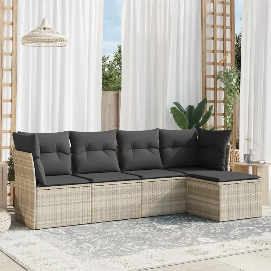 Set Divano da Giardino 5pz con Cuscini Grigio Chiaro Polyrattan