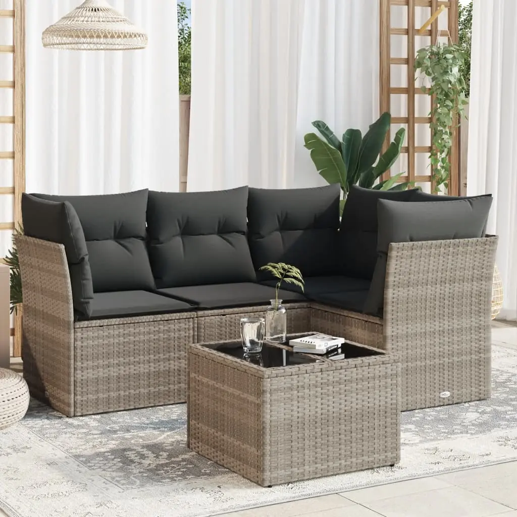 Set Divano da Giardino 5pz con Cuscini Grigio Chiaro Polyrattan