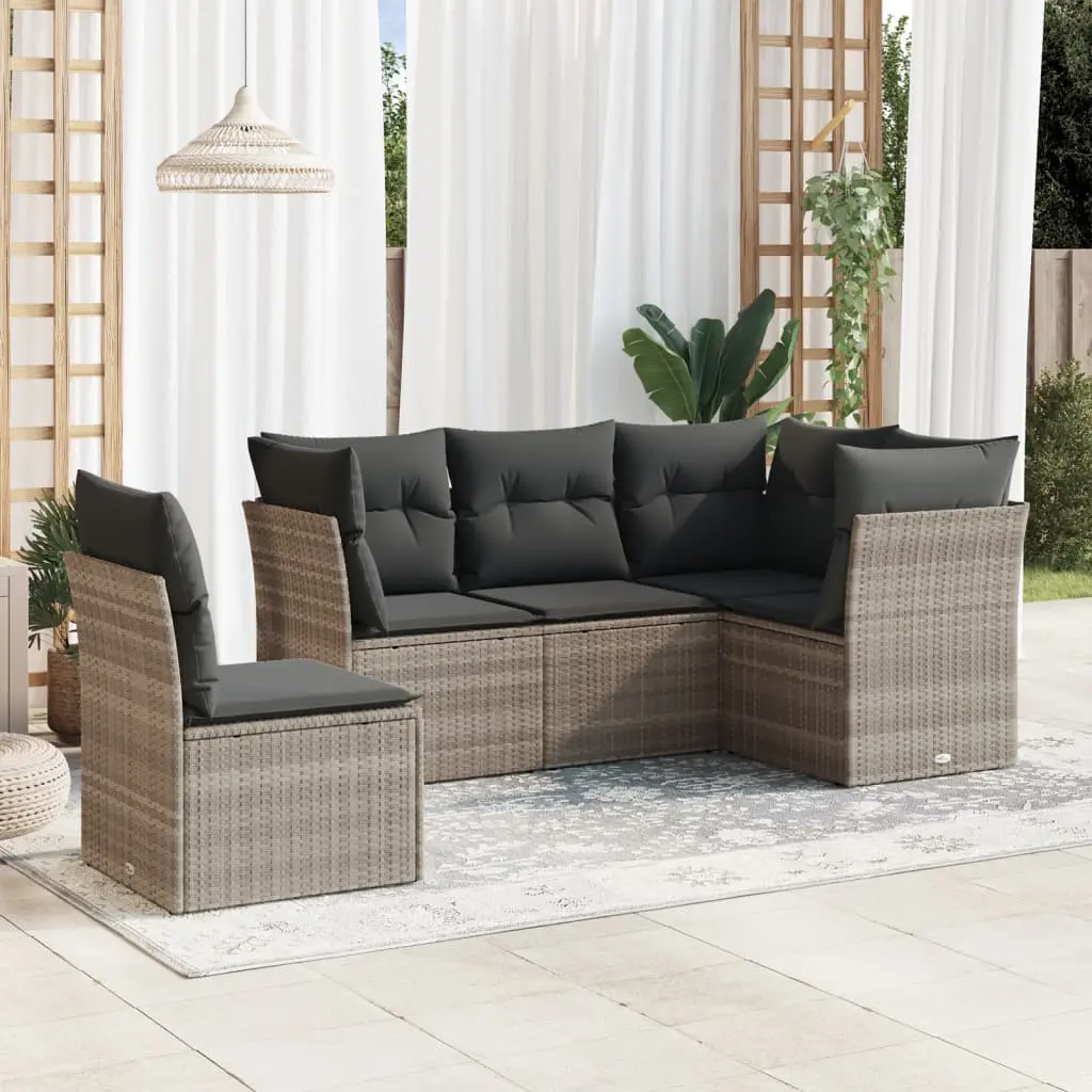 Set Divano da Giardino 5pz con Cuscini Grigio Chiaro Polyrattan