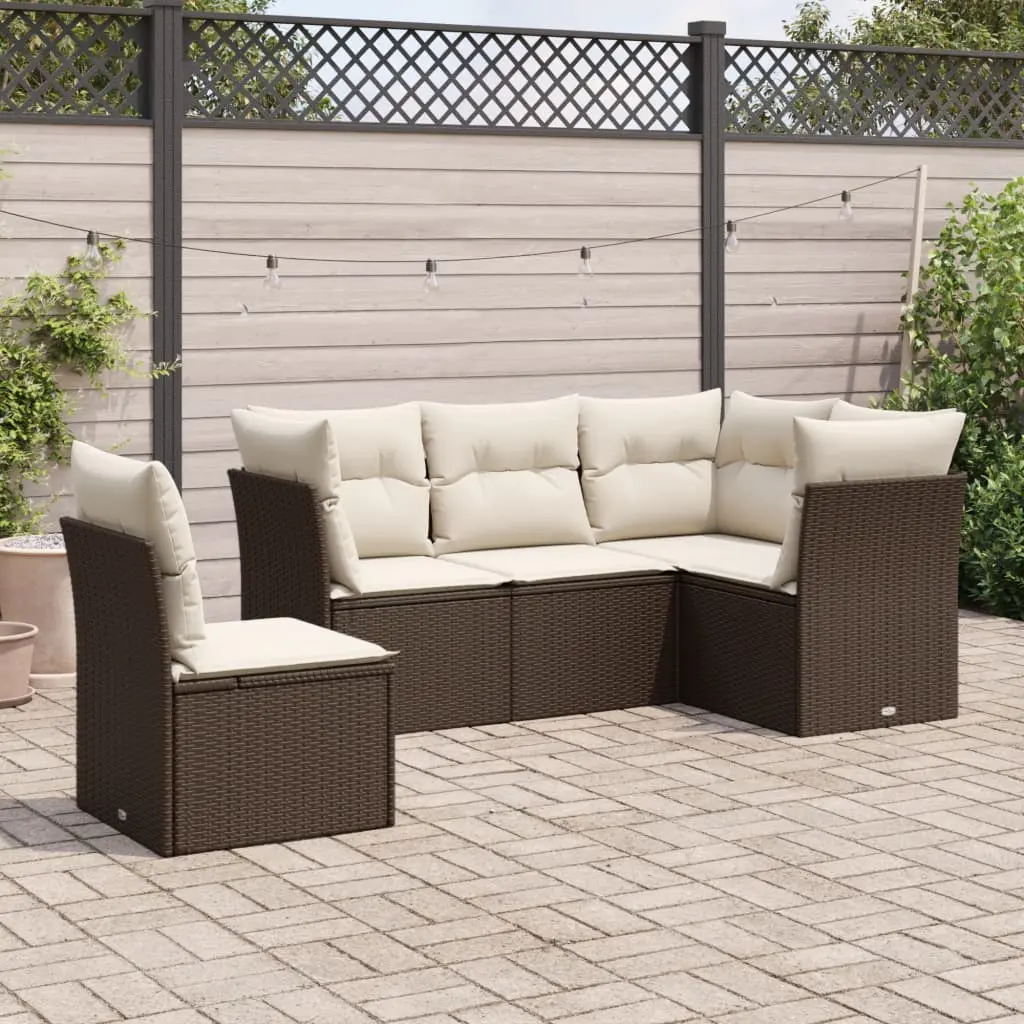 Set Divano da Giardino 5 pz con Cuscini Marrone in Polyrattan