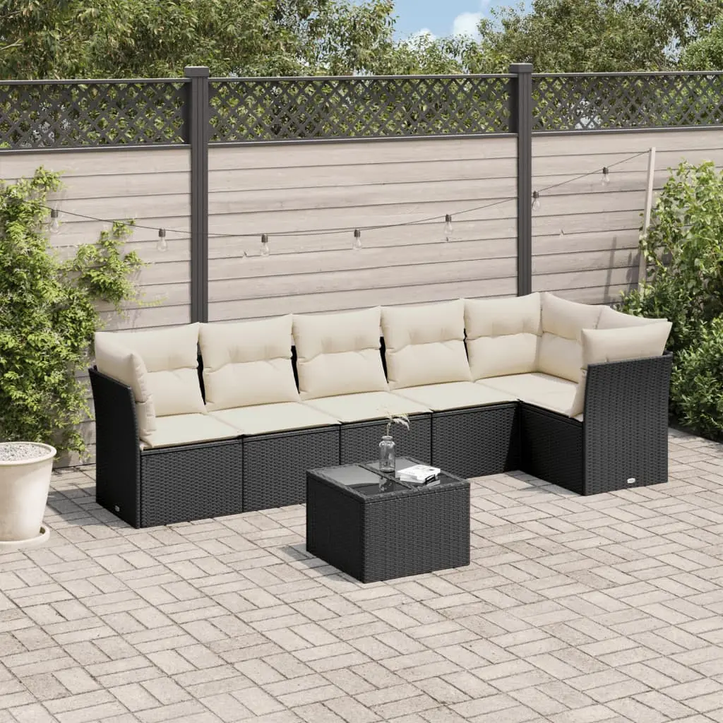 Set Divani da Giardino con Cuscini 7pz Nero Polyrattan