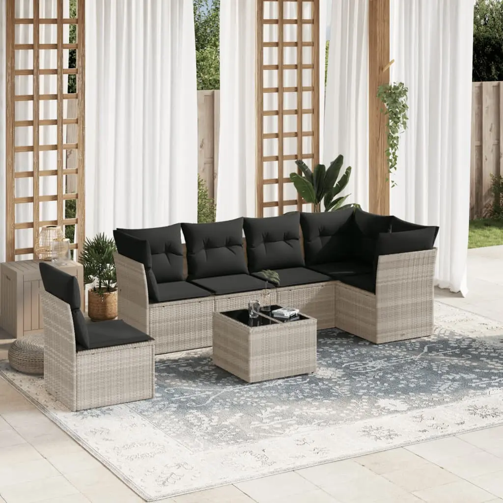 Set Divani da Giardino 7pz con Cuscini Grigio Chiaro Polyrattan