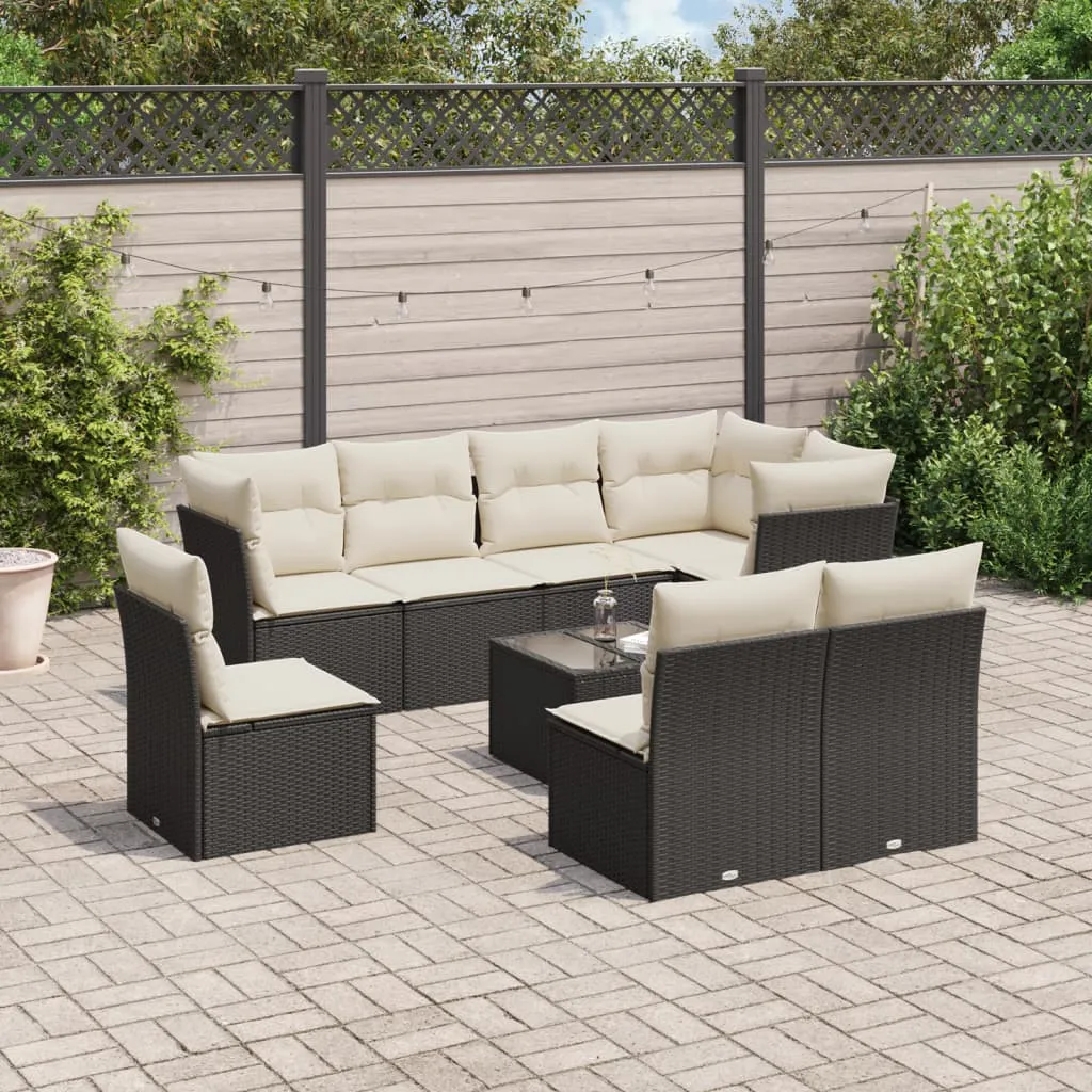 vidaXL Set Divani da Giardino 9 pz con Cuscini Nero in Polyrattan