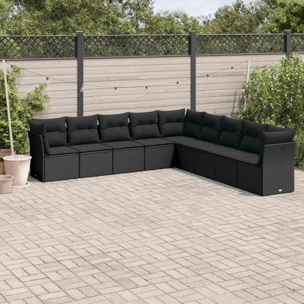 vidaXL Set Divani da Giardino 9 pz con Cuscini Nero in Polyrattan