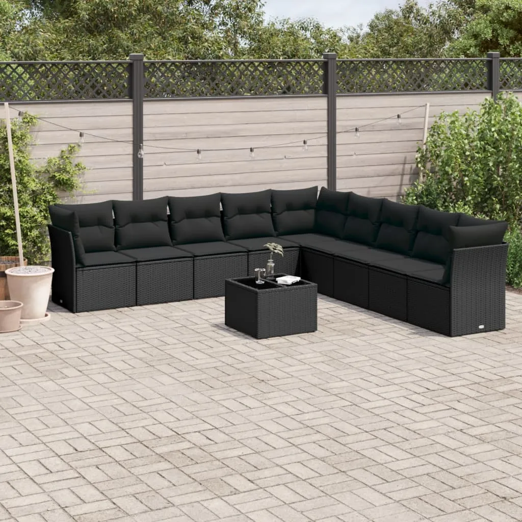 vidaXL Set Divani da Giardino 10pz con Cuscini in Polyrattan Nero