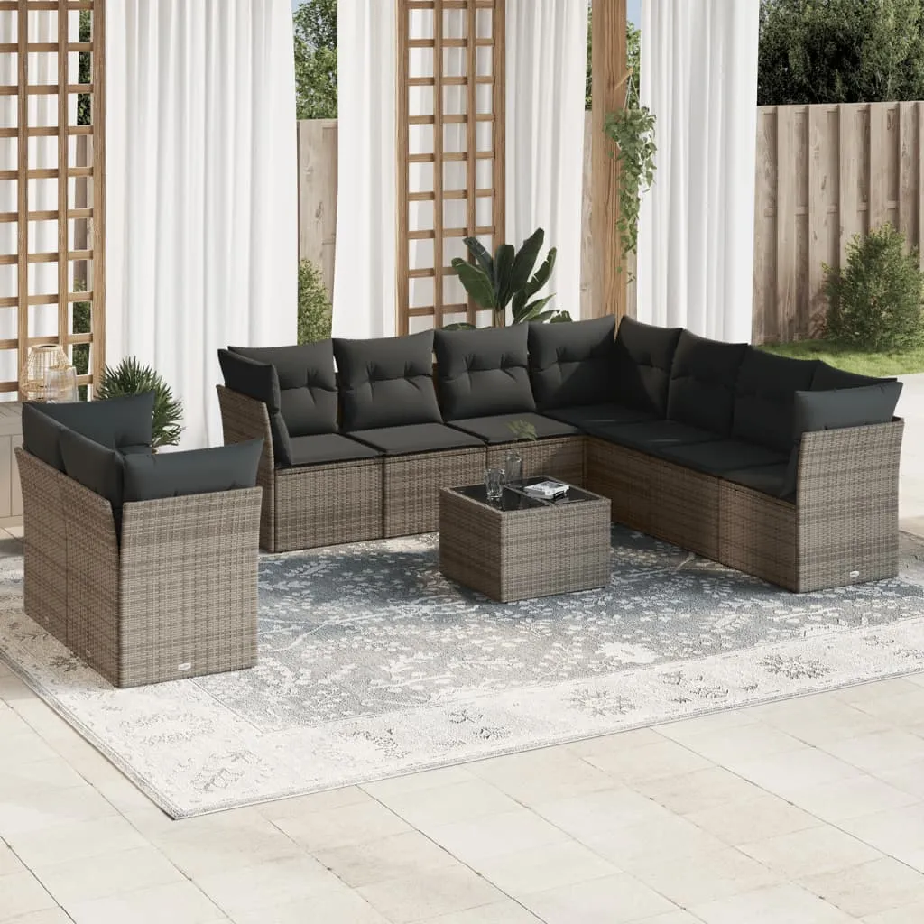 vidaXL Set Divano da Giardino 10 pz con Cuscini Grigio in Polyrattan