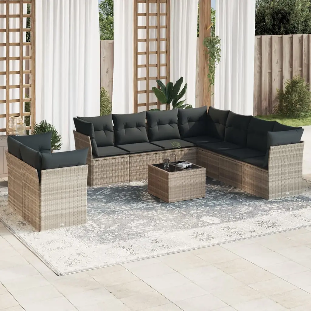 Set Divano Giardino 10 pz con Cuscini Grigio Chiaro Polyrattan