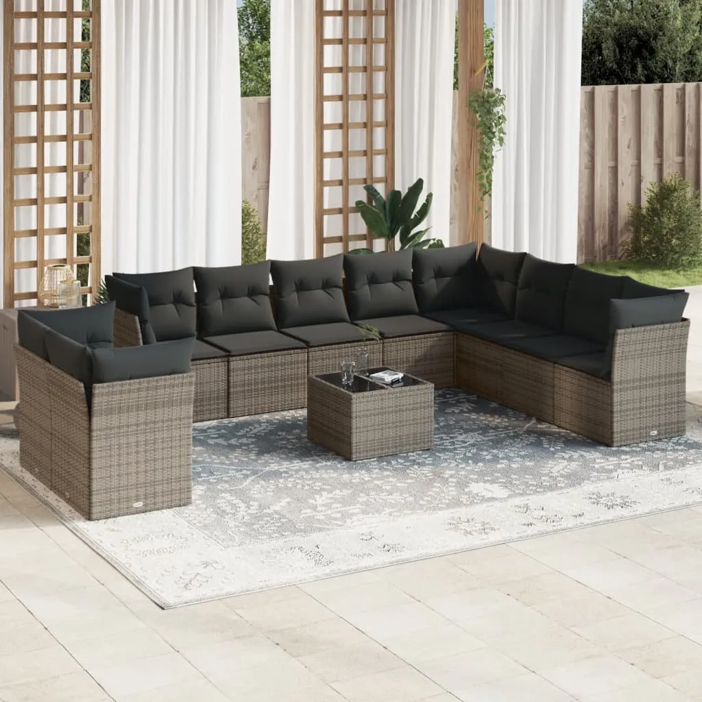 vidaXL Set Divani da Giardino 11 pz con Cuscini in Polyrattan Grigio