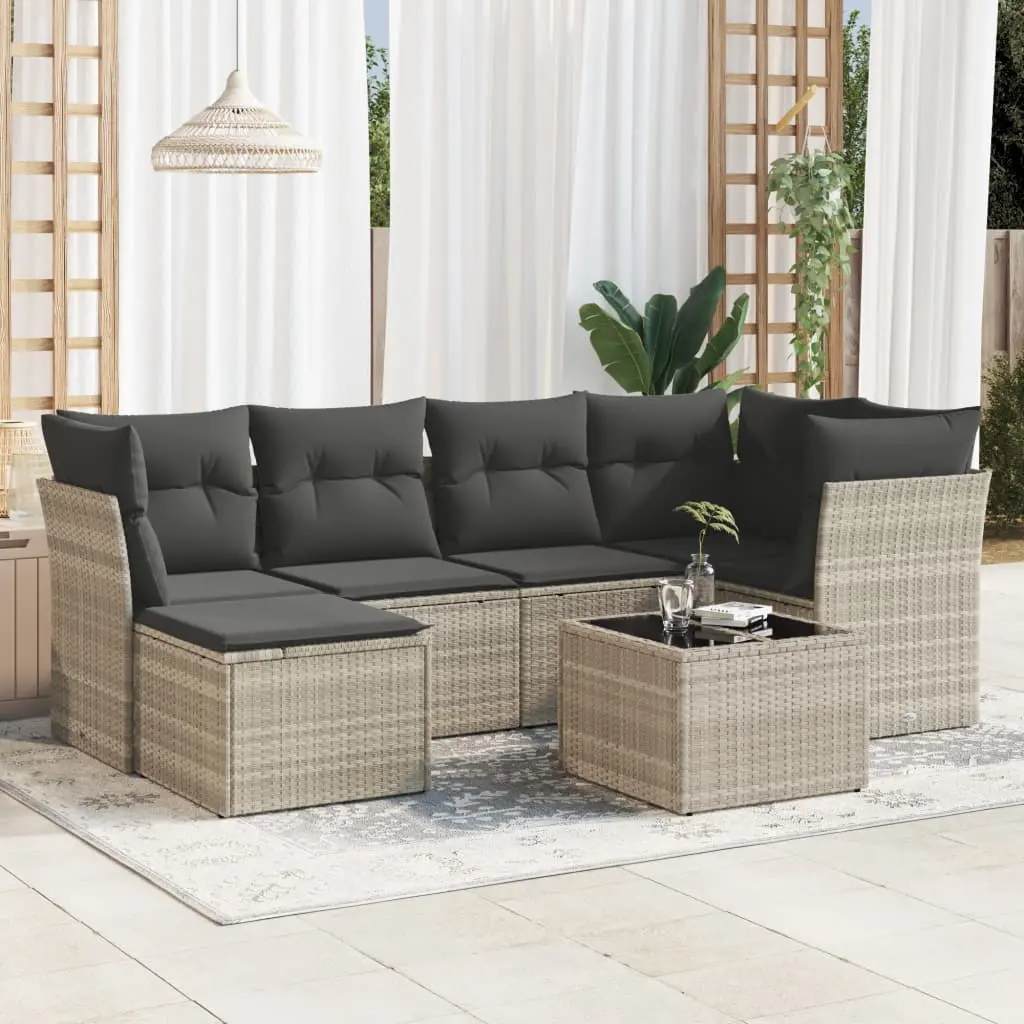 Set Divani da Giardino 7pz con Cuscini Grigio Chiaro Polyrattan