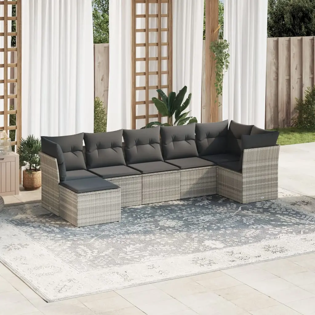 Set Divani da Giardino 7pz con Cuscini Grigio Chiaro Polyrattan