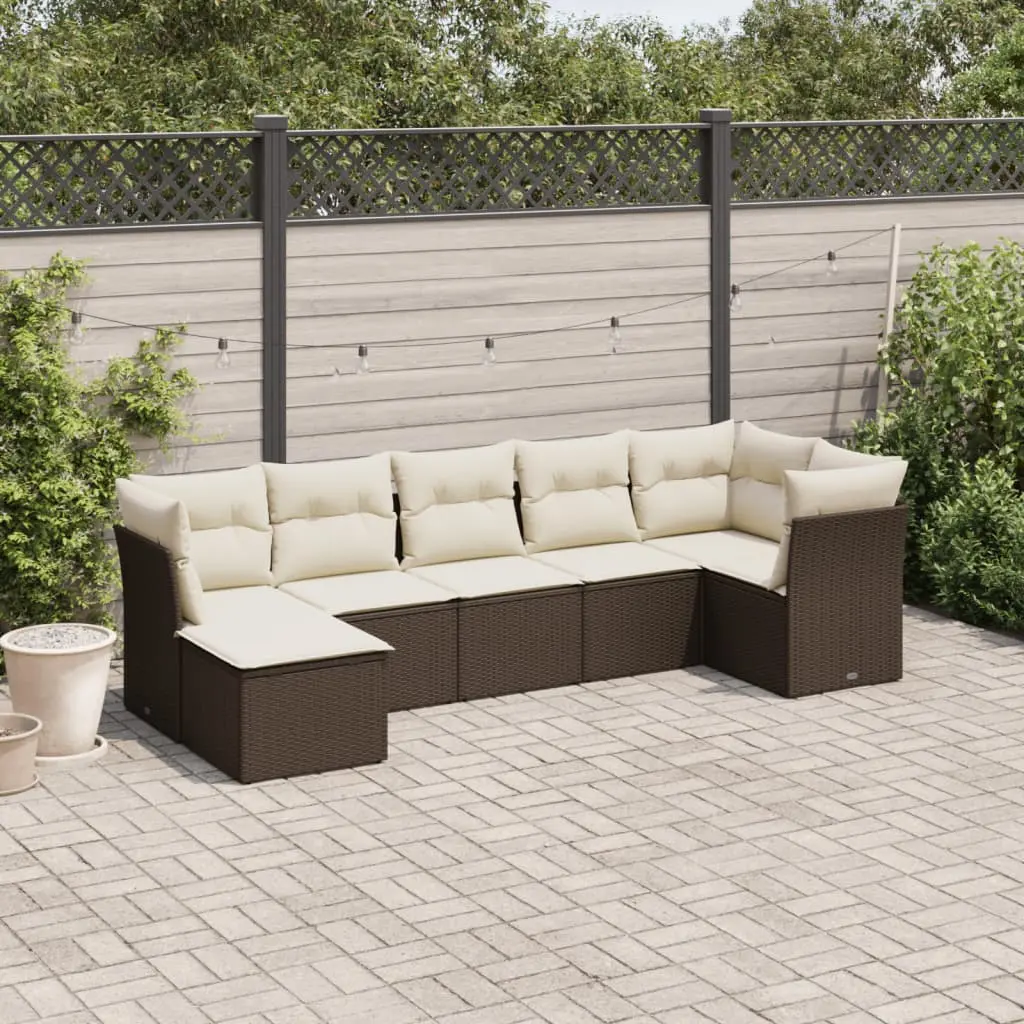 Set Divani da Giardino 7 pz con Cuscini Marrone in Polyrattan